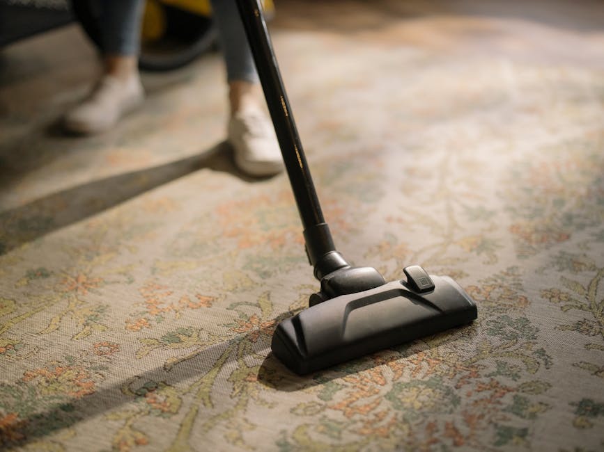 A person dressed in white protective clothing, including a face mask and gloves, is using a steam cleaning machine on a beige carpet in a bright, modern living room for surface cleaning and sanitisati